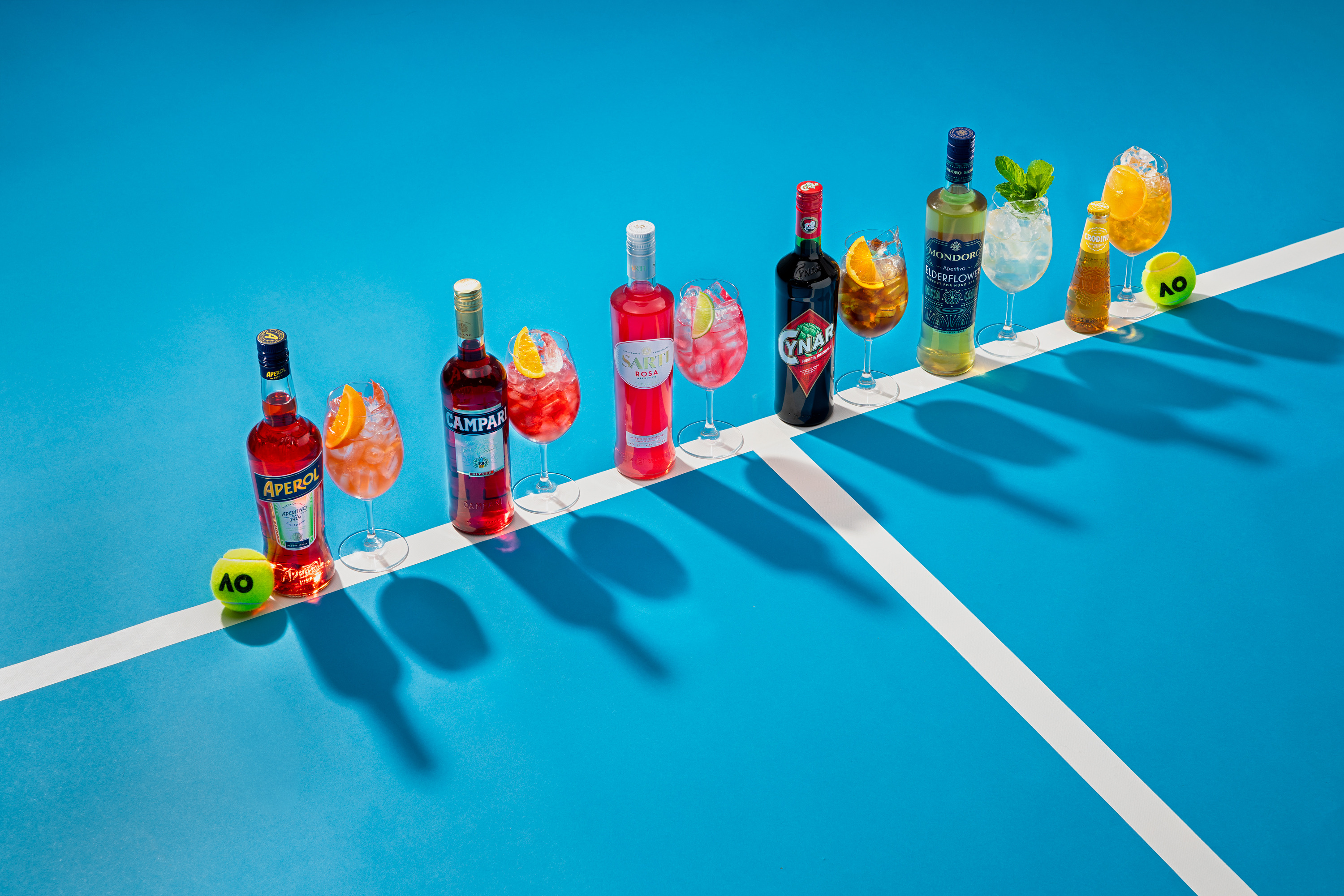 Campari Group aperitivo range lined up on an Australian Open tennis court